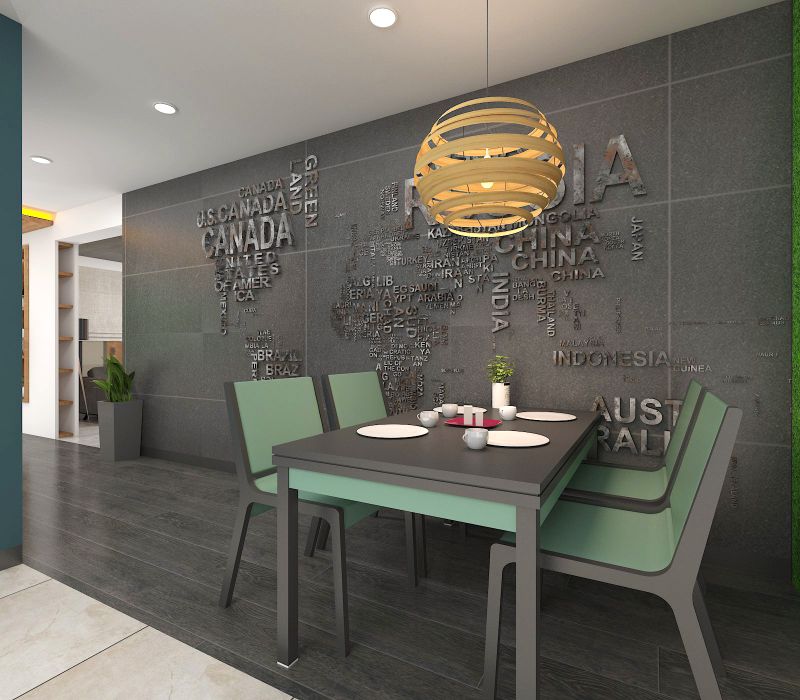 Contemporary Dining Area With World Map Decor Wall